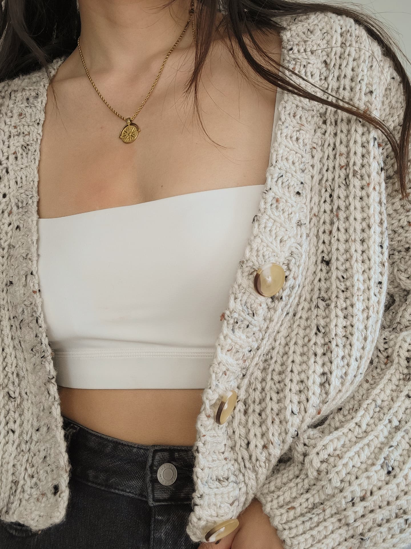 White Ribbed Cardigan with Flecks (S) - Image 6