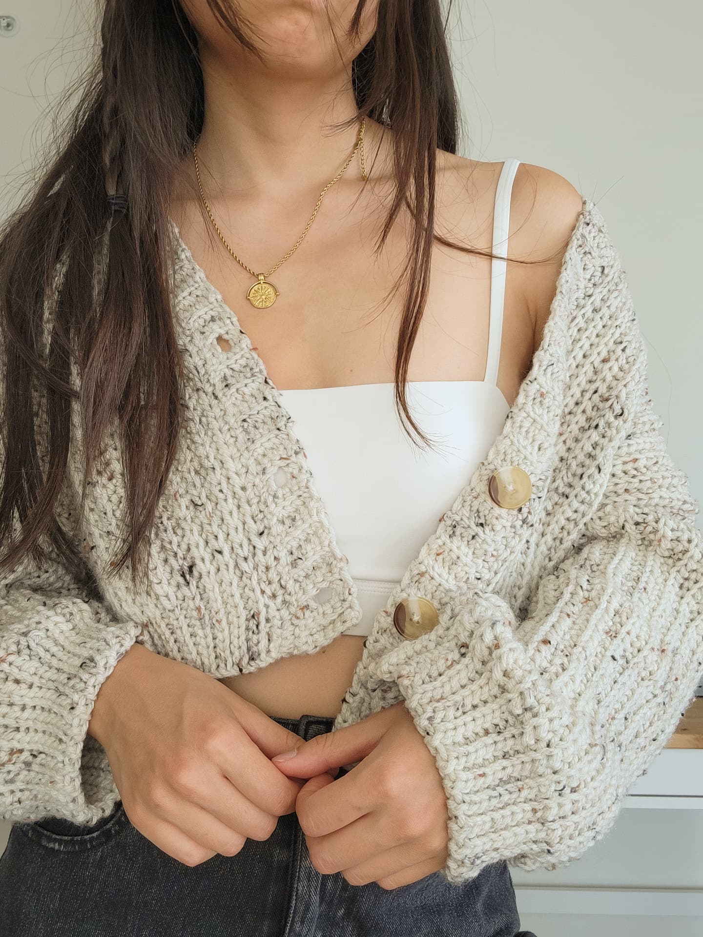 White Ribbed Cardigan with Flecks (S) - Image 5