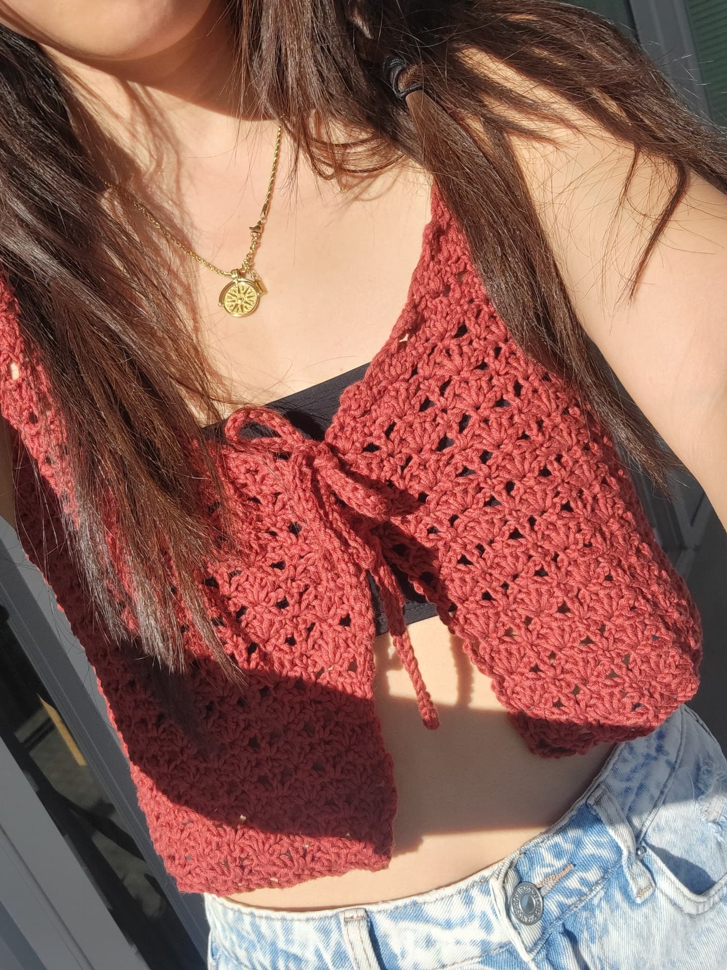 Tie-Front Lace Tank Top - Warm Red (S) - Image 4