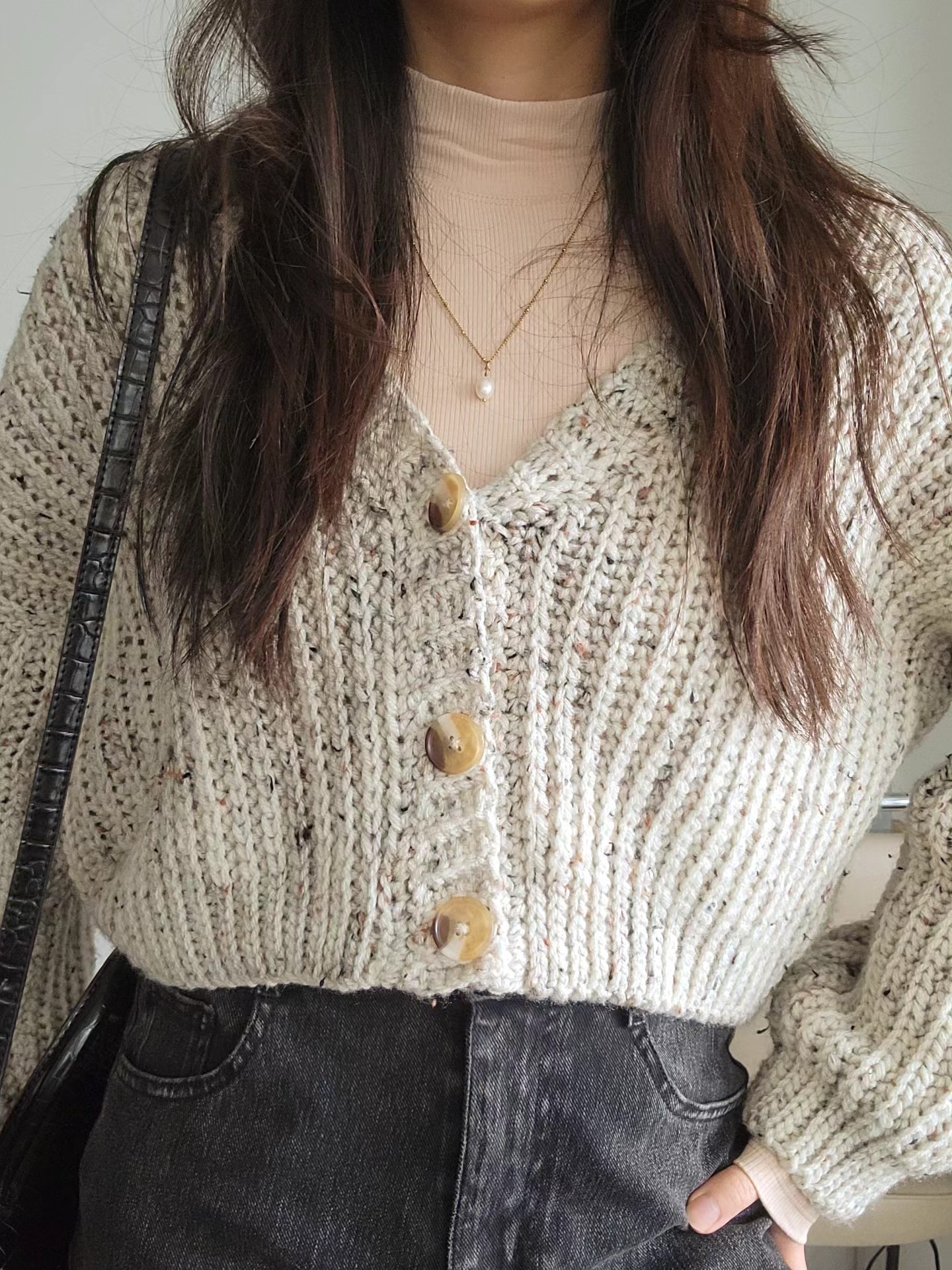 White Ribbed Cardigan with Flecks (S) - Image 2