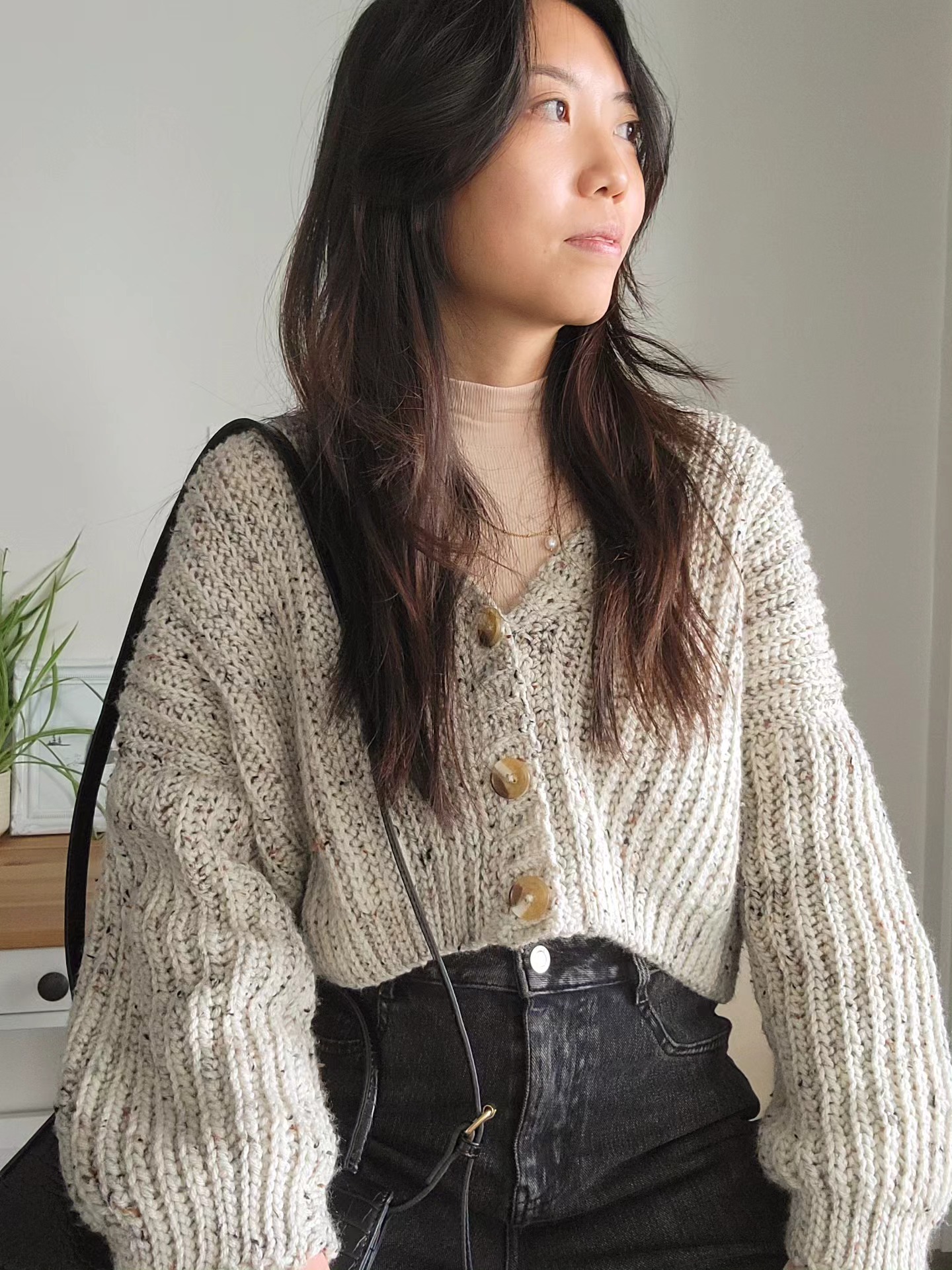 White Ribbed Cardigan with Flecks (S) - Image 3